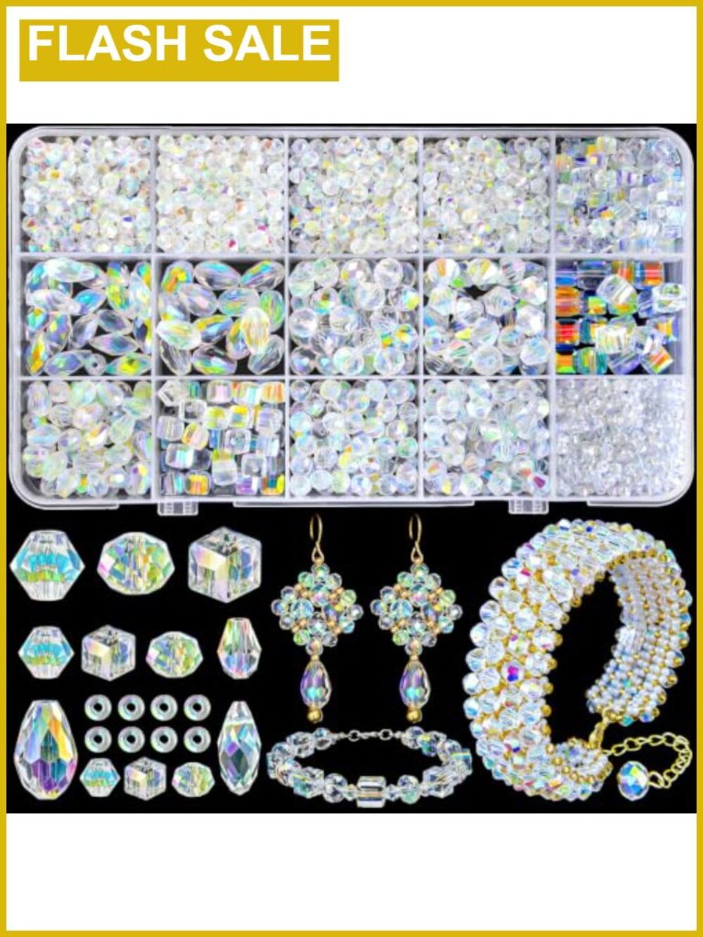 Crystal Glass Beads Jewelry Making Kit 1500Pcs AB Bicone Rondelle Cube Teardrop